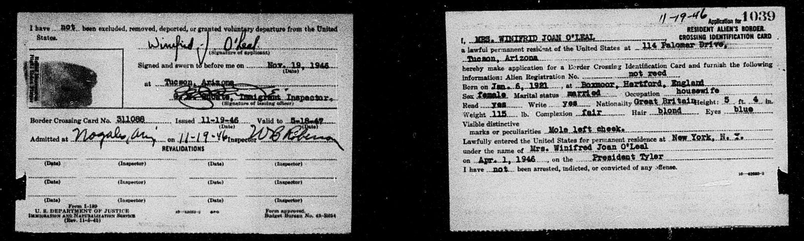November 19, 1946: her border-crossing card at Nogales gives 114 Palomar Drive, Tucson, and "Boxmoor, Hertford, Engl