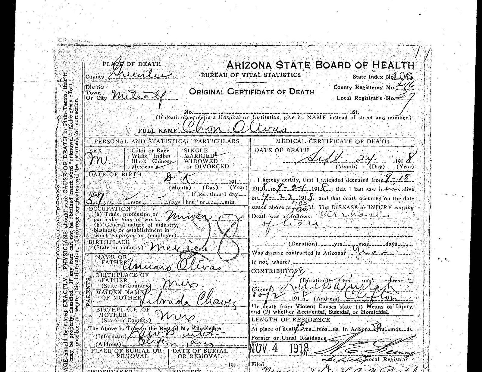 Josefa's father, Chon Olivas, died at Metcalf in 1918, age 57