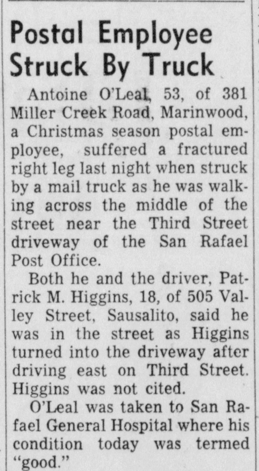 December 21, 1961: "Postal Employee Struck By Truck