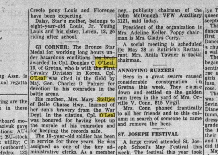 1951: Douglas O'Leal, 19, wins the Bronze Star in Korea
