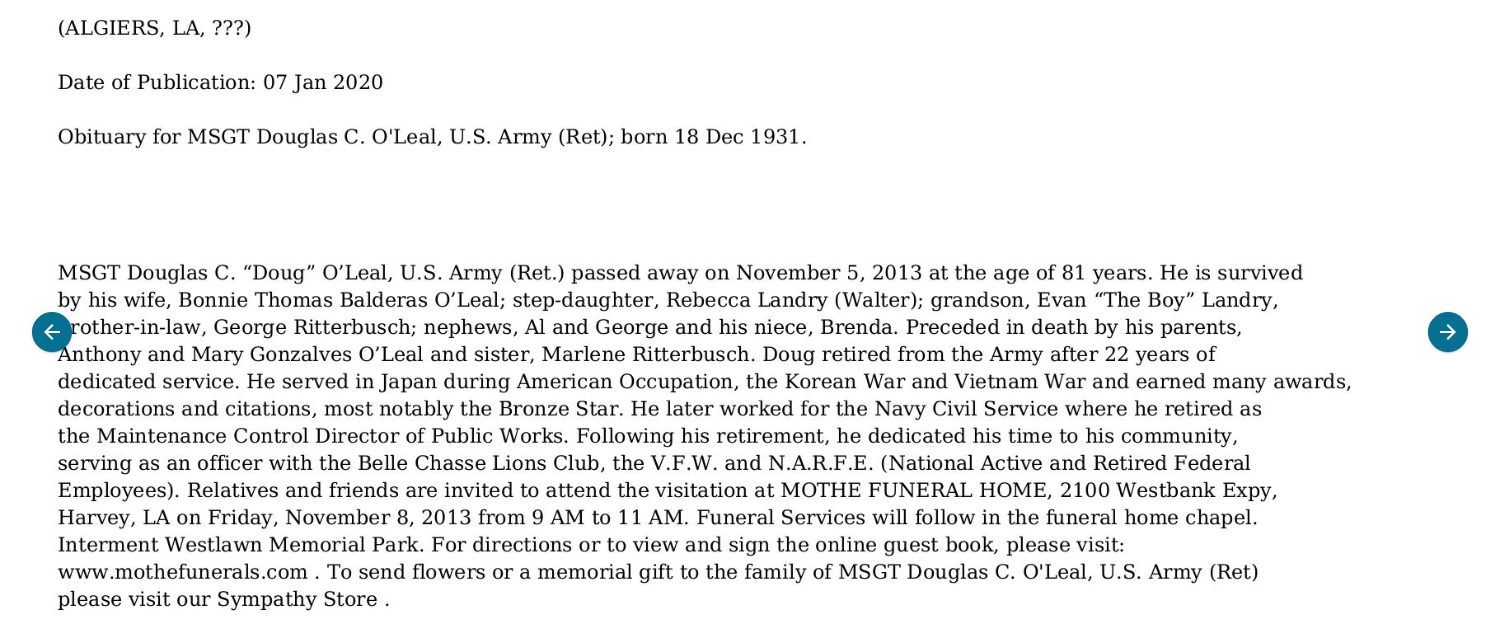 Douglas O'Leal's 2013 obituary names his parents as "Anthony and Mary Gonzalves O'Leal