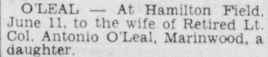 June 26, 1959: "At Hamilton Field, June 11, to the wife of Retired Lt