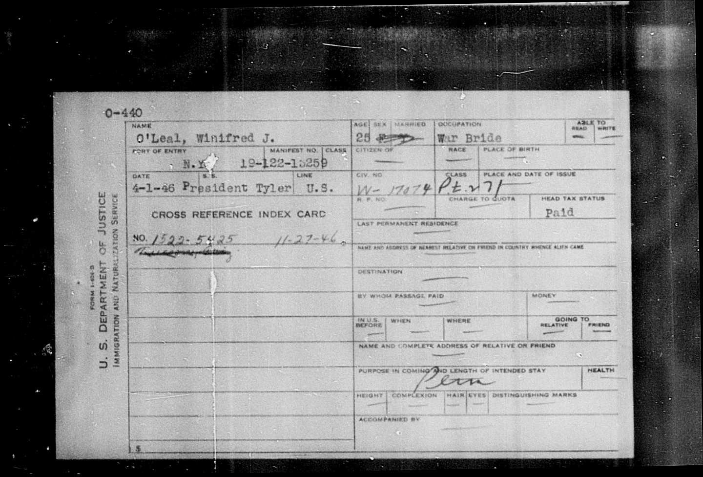 Her immigration index card: war bride, President Tyler, April 1, 1946