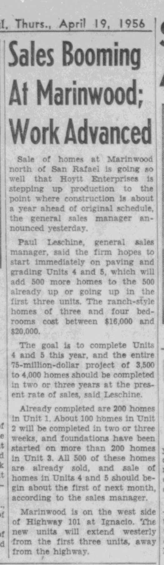 April 19, 1956, six days before this house's permit: "Sales Booming At Marinwood
