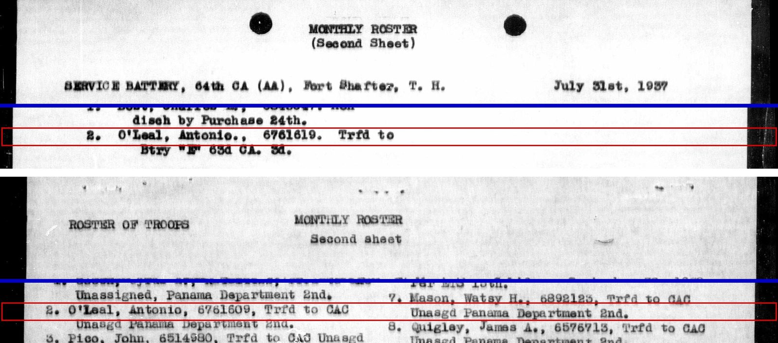 Top, July 1937: "Trfd to Btry 'E' 63d CA" (to California)